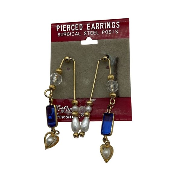 VTG Post Earrings 10K Gold Double Dangle Blue Gems & Faux Pearls Heart Charm - Picture 4 of 5